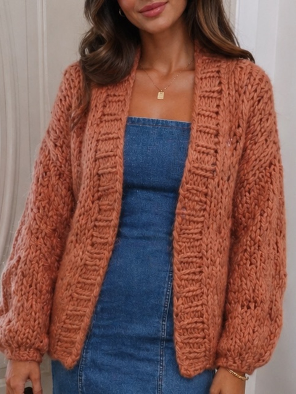 Altar'd State Large Cozy Knit Cardigan in Warm Terracotta